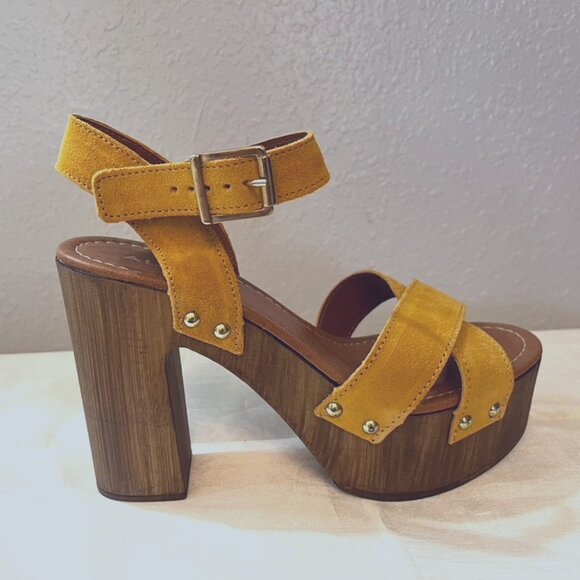 Aldo Mustard Yellow Suede Platform Sandals – Made in Italy – Size 6.5 / 37 – NEW - Picture 1 of 11